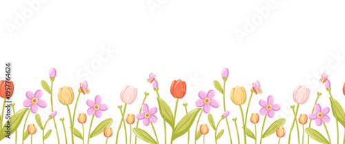 Seamless spring flowers horizontal border with tulips and blossoms. Spring season Cartoon vector illustration on white background.
