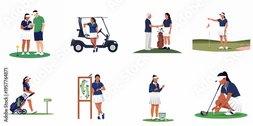 Collection of flat vector illustrations featuring diverse men and women golfers engaged in various activities on a golf course.