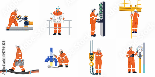 Set of industrial workers in orange safety gear performing various tasks like maintenance, operation, and inspection in a flat vector style.