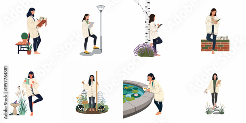A collection of illustrations showing a female landscape architect or garden designer working in various outdoor settings, sketching, measuring, and planning.