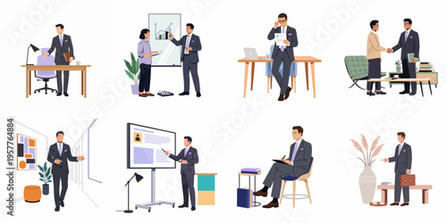Collection of professional business illustrations featuring characters in various office scenarios including meetings, presentations, interviews, and successful collaborations.