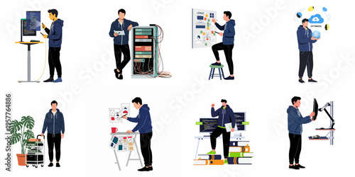 Flat vector illustrations of a male software engineer working on coding, server management, system logic, UI design, and cloud optimization.