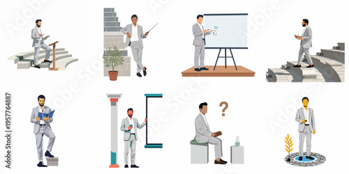 A set of flat design illustrations featuring a businessman in a grey suit in various professional roles, including public speaking and presenting.