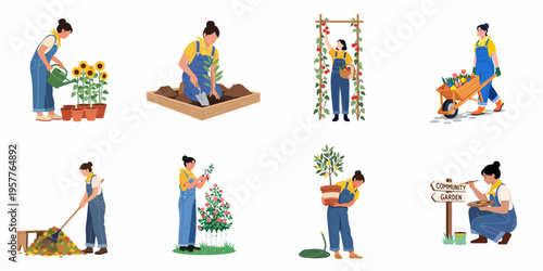 Diverse Set of Women Gardeners Engaged in Various Gardening Activities Like Planting, Harvesting, Watering, and Maintenance Illustration