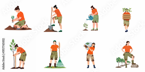 Set of female characters engaged in various gardening and tree planting activities like digging, watering, carrying plants, and raking.