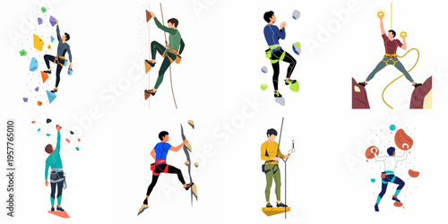 A collection of eight vector illustrations showing male climbers participating in rock climbing, bouldering, and indoor wall scaling with specialized equipment.