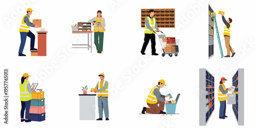Postal and warehouse workers set performing logistics, sorting, and delivery tasks in high-visibility vests.