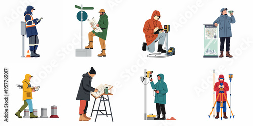 Set of flat illustrations showing professionals like engineers, surveyors, and technicians performing various outdoor tasks in cold weather gear.
