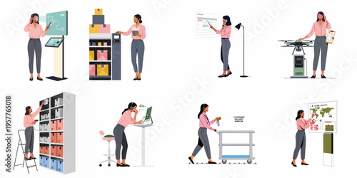 Set of flat illustrations showing a female logistics manager overseeing warehouse, distribution, and drone delivery operations with modern technology.