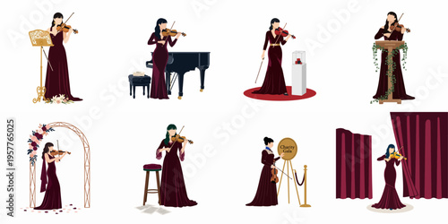 Set of flat illustrations featuring a female violinist in elegant burgundy gowns performing at various formal events including galas, weddings, and concerts.