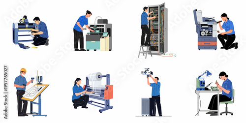 Set of professional technicians and engineers repairing and maintaining various industrial, office, and electronic equipment in flat illustration style.
