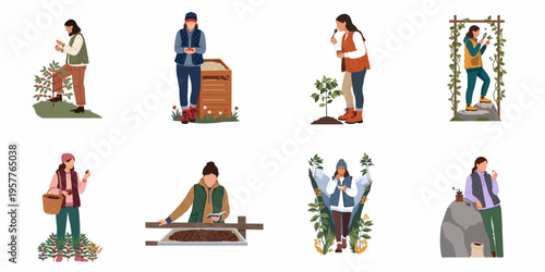 Set of flat illustrations featuring women workers performing various stages of coffee production including planting, harvesting, drying, sorting, and tasting.