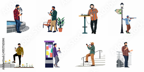 Collection of flat vector illustrations depicting men in plaid shirts recording podcasts and conducting interviews in various urban outdoor environments.