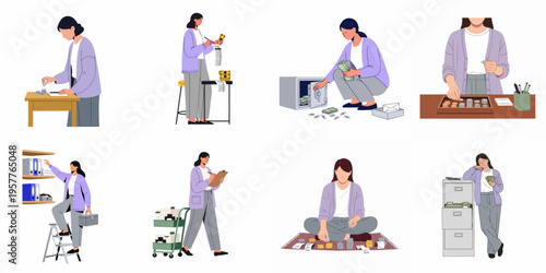 Set of illustrations depicting a woman managing money, bookkeeping, counting cash, organizing files, and handling financial documents in various scenarios.