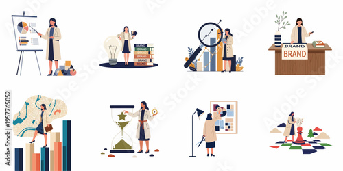 Set of flat illustrations depicting a professional woman managing brand strategy, market research, creative design, and business growth.