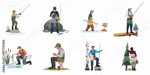 Flat vector illustration collection of men in fishing gear performing various activities like fly casting, netting, and navigating in the outdoors.