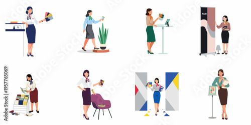 Flat vector illustration set of professional female event staff, hostesses and promoters working at trade shows and exhibitions, holding brochures and marketing materials.