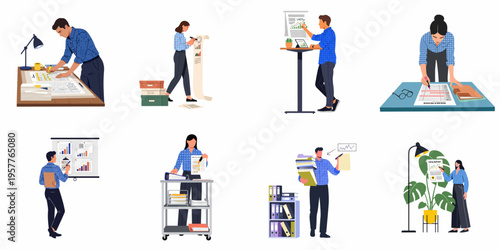 Flat vector illustrations of diverse office workers analyzing data reports, charts, and statistics while managing paperwork in various professional workspace settings.