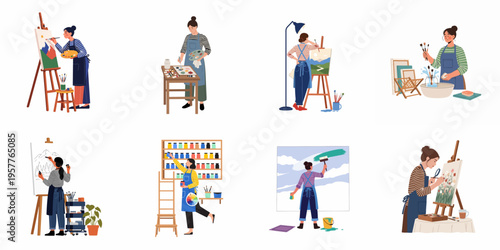 Diverse Set of Illustrations Showing Female Artists Painting on Easels, Mixing Colors, and Organizing Supplies in an Art Studio.