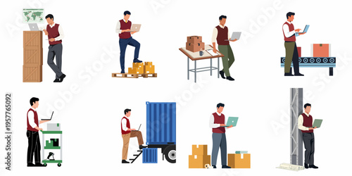 A set of illustrations depicting a warehouse manager using a laptop to oversee logistics, shipping, inventory, and supply chain operations in various settings.