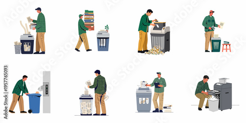 Collection of characters in work uniforms performing various document shredding and confidential waste disposal tasks in a flat illustration style.