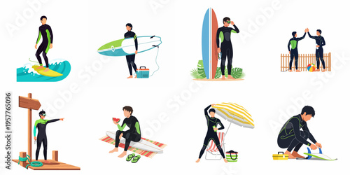 Collection of flat vector illustrations depicting male surfers in wetsuits enjoying various activities at the beach, from riding waves to relaxing under an umbrella.