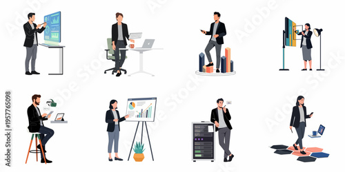 Set of flat vector illustrations featuring business professionals using advanced technology, data visualizations, and digital interfaces for modern corporate concepts.
