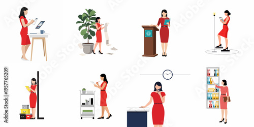 Collection of illustrations featuring a professional woman in a red dress performing various office, administrative, and management tasks in a modern flat style.