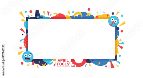 Colorful April Fools' Day social media frame with cartoon characters and confetti on a white background for fun and playful designs