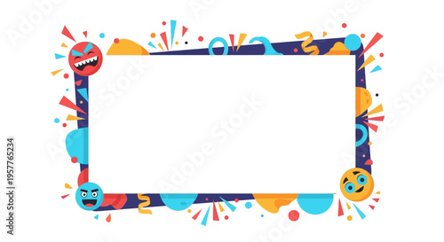 Colorful April Fools' Day social media frame with fun cartoon characters and confetti on a white background