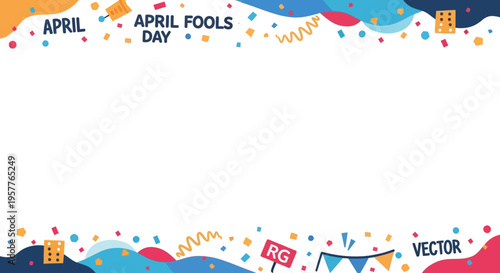 Colorful vector illustration design for April Fools' Day social media frame with fun cartoon characters and shapes on a blank background
