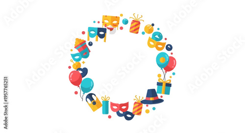 Colorful illustration of a circular frame for April Fools' Day on social media with fun cartoon elements and a white background