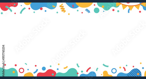 Colorful April Fools' Day social media frame with fun cartoon illustrations and confetti on a blank white background