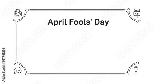 A colorful April Fools' Day social media frame with a blank white background and fun cartoon characters in a playful border design