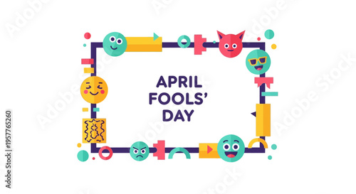 Colorful April Fools' Day illustration with cartoon characters and shapes in a frame on a white background