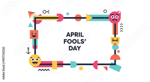 Colorful illustration of an April Fools' Day frame with fun shapes and characters on a white background