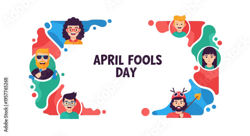A colorful illustration design for April Fools' Day featuring a fun frame with cartoon people and shapes on a blank white background