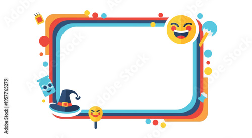 Colorful illustration of a blank frame for April Fools' Day social media posts with a cartoonish design and fun emojis on a white background