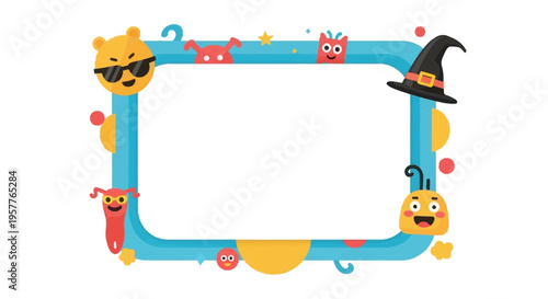Colorful April Fools' Day social media frame with cartoon characters and fun design elements on a blank white background
