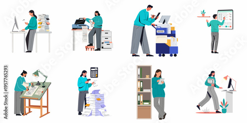 Set of flat illustrations showing office workers managing paperwork, filing documents, scanning, and performing various administrative tasks in a professional environment.