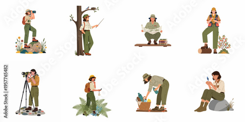 Set of female forest ranger or scout characters engaged in various outdoor exploration, nature observation, and environmental research activities.