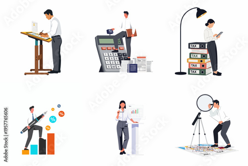 Professional accountant and business character set performing tax preparation, financial analysis, and data reporting tasks in flat vector style.