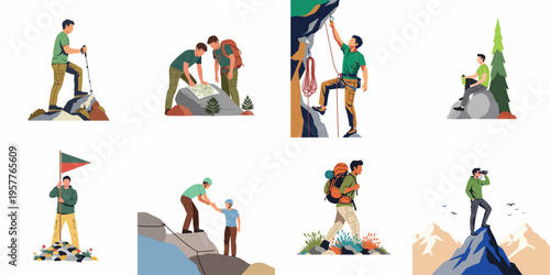 Vector illustrations set of mountain climbing, hiking adventures, navigating maps, rock scaling, and outdoor exploration activities for nature lovers and adventurers.