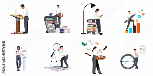 Conceptual illustrations of office professionals managing taxes, accounting reports, financial data analysis, and meeting tax filing deadlines in a flat vector style.