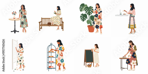 Set of flat vector illustrations featuring a stylish woman in various lifestyle scenes including drinking coffee reading shopping and working