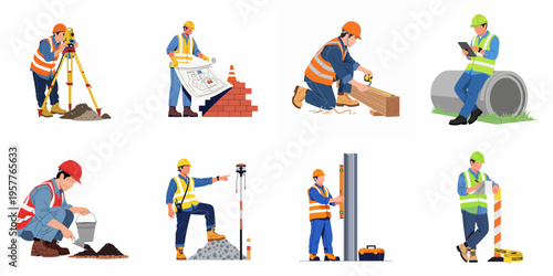 Vector illustration collection of construction workers and engineers performing various site tasks including surveying, planning, masonry, and measuring in professional safety gear.