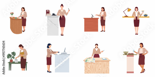 Collection of professional female receptionist characters working at various information and check-in desks in office and hotel lobby settings.