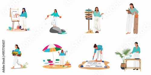 Flat illustrations of a woman facilitating a corporate retreat and beach team building workshop, including activities like goal setting, yoga, and games.