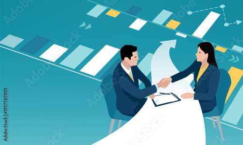 Successful contract. Business couple shaking hands after signing contract on the background of growing business chart. The table transforms into an arrow. Concept business vector illustration. 