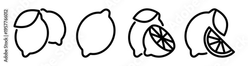Lemon fruit icon set with whole lemon, wedges and slices. Outline pictograms with editable stroke. Food and citrus concept.